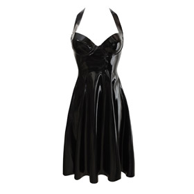 Atsuko Kudo Latex Halter Neck Candy Cup Flare Dress in Supatex Black