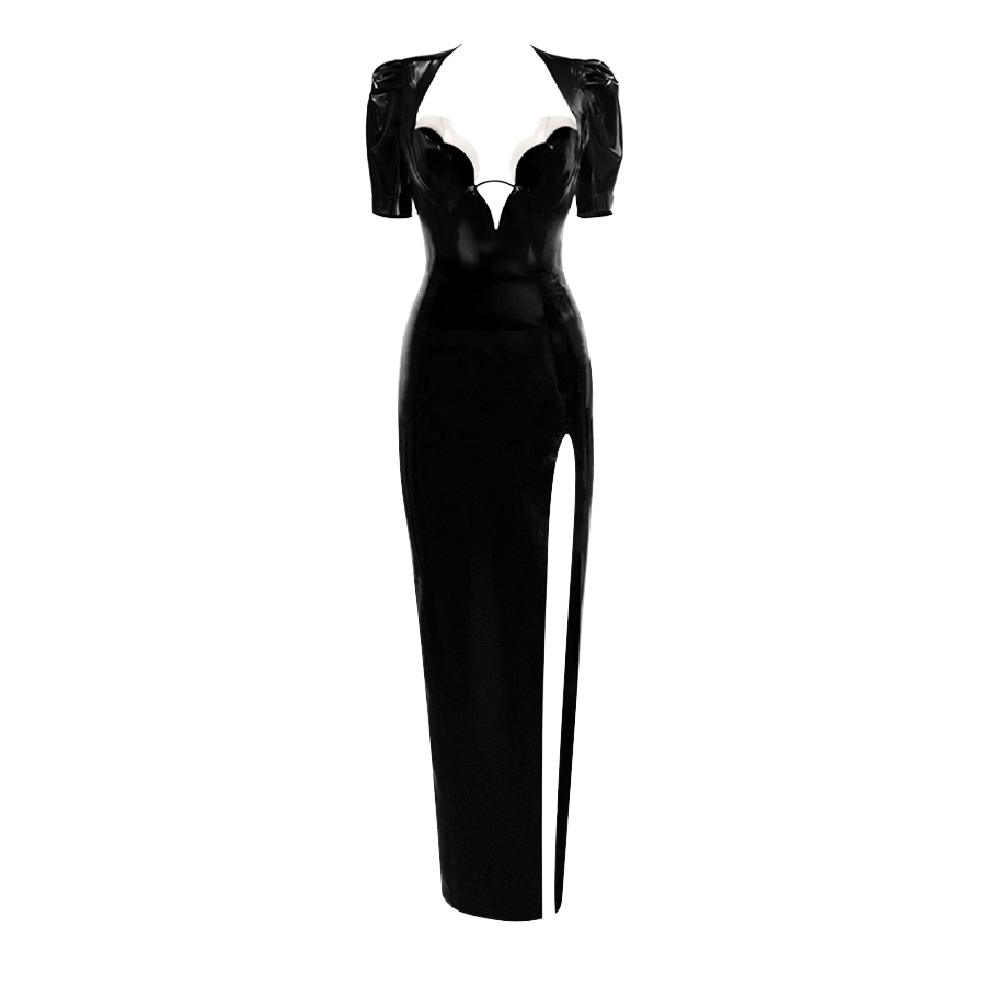 Atsuko Kudo Latex Double Tulip Cup Puff Sleeve Evening Dress in Black / Supatex White