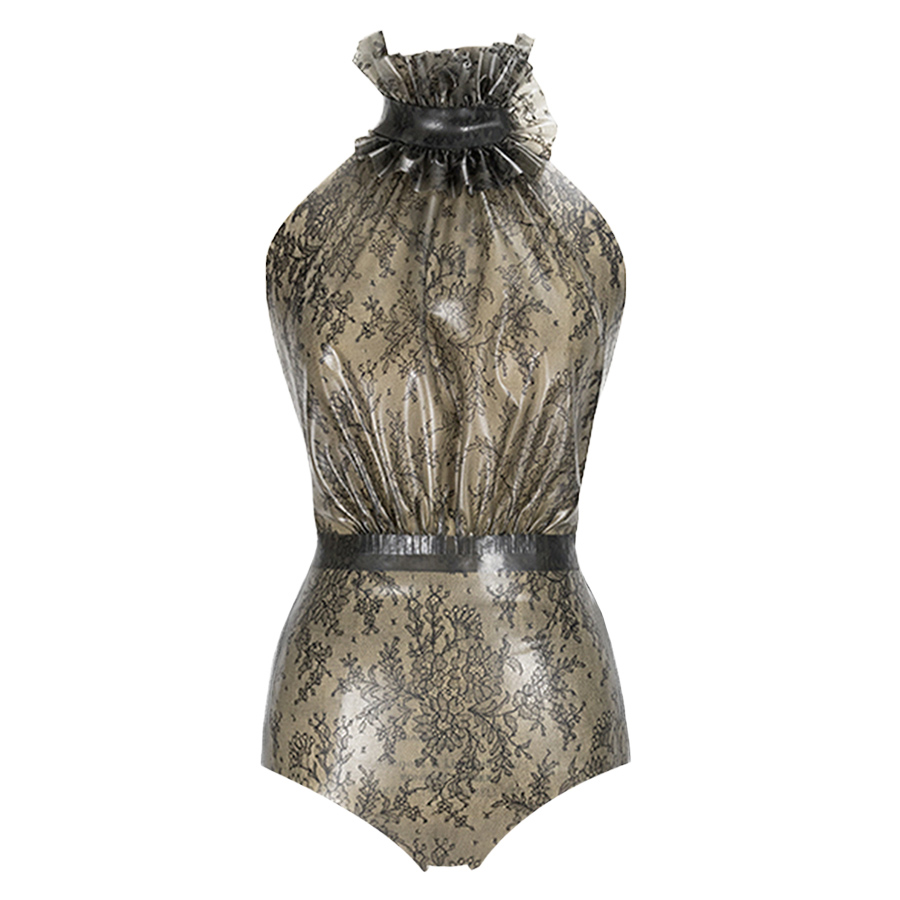 Atsuko Kudo Latex Drama Frill Bodysuit in Supatex Semi-Transparent Cloud Grey Lace