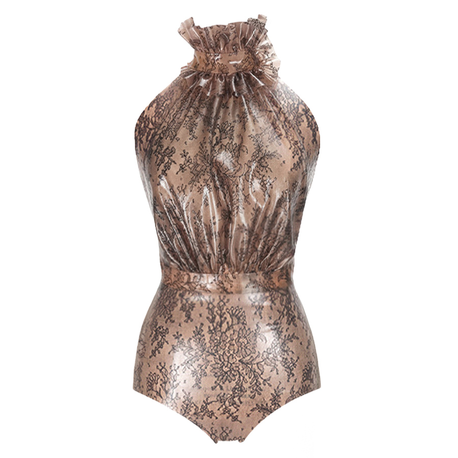 Atsuko Kudo Latex Drama Frill Bodysuit in Supatex Semi-Transparent Peach Lace