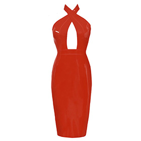 Atsuko Kudo Latex Obsession Twist Neck Pencil Dress in supatex red