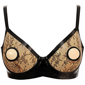 Atsuko Kudo Latex Peep Hole Bra in Supatex Black and Semi-Trans Peach Lace