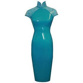 Atsuko Kudo Latex Restricted Cheongsam Dress w/ Belt in Turquoise