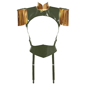 Atsuko Kudo Latex Restricted Epaulette Playsuit in Supatex Olive / Antique Gold