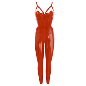 Atsuko Kudo Latex Restricted ZigZag Cup Catsuit in supatex red